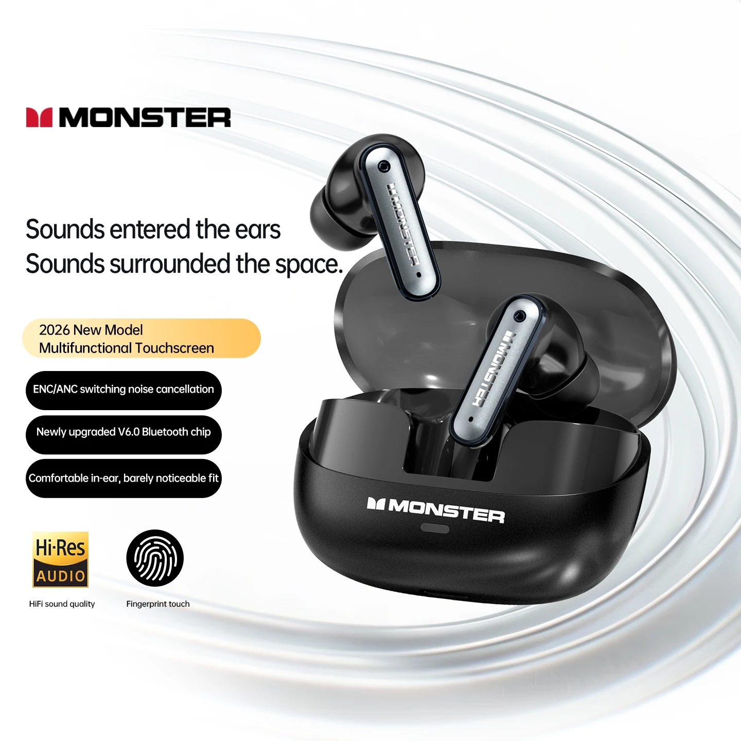 Фото Беспроводные Bluetooth 6.0 наушники Monster A03 ANC с шумоподавлением ENC, пространственным звуком, двойными динамиками, сенсорным управлением для игр и спорта №1
