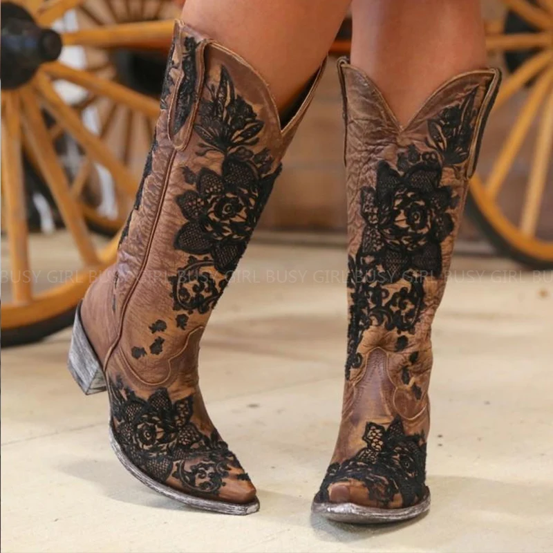 Autumn and winter new European and American cross -border embroidery ethnic style heels high boots women's boots