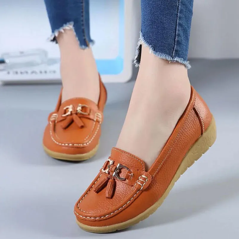 Women Casual Slip-on Loafers Flats Leather Shoes Female Soft Leather Single OL Work Shoes Zapatos Mujer Yellow White New 2023