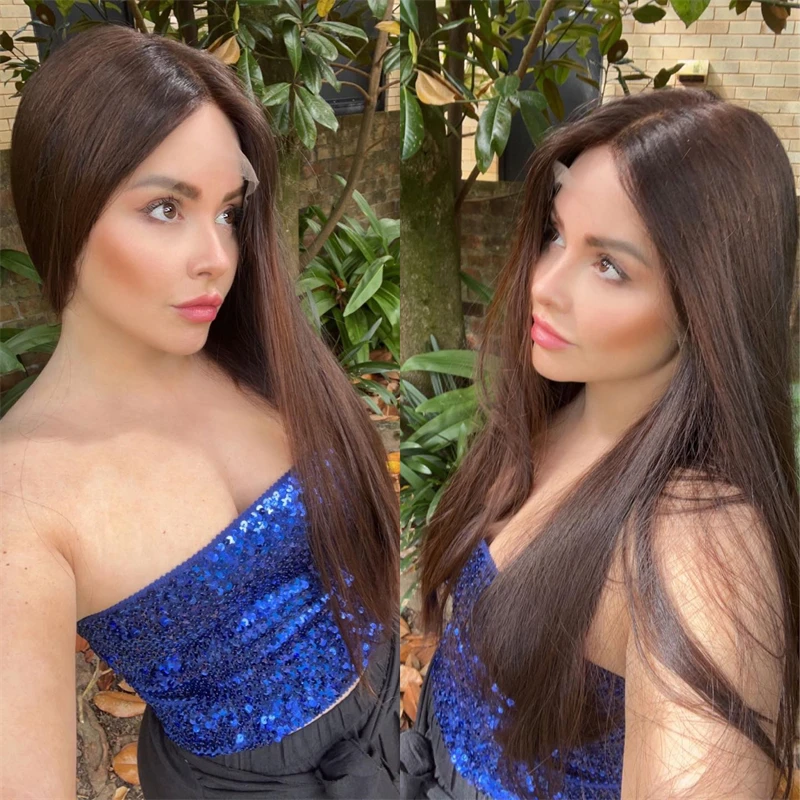 Парик шоколадно-коричневый на сетке фронтальные HD длинные прямые синтетические