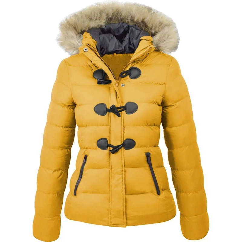 

Elegant Solid Color Casual Parkas Fur Women Autumn Winter Solid Color Zip Up Button Sweet Loose Fashion Long Coat Down 2022