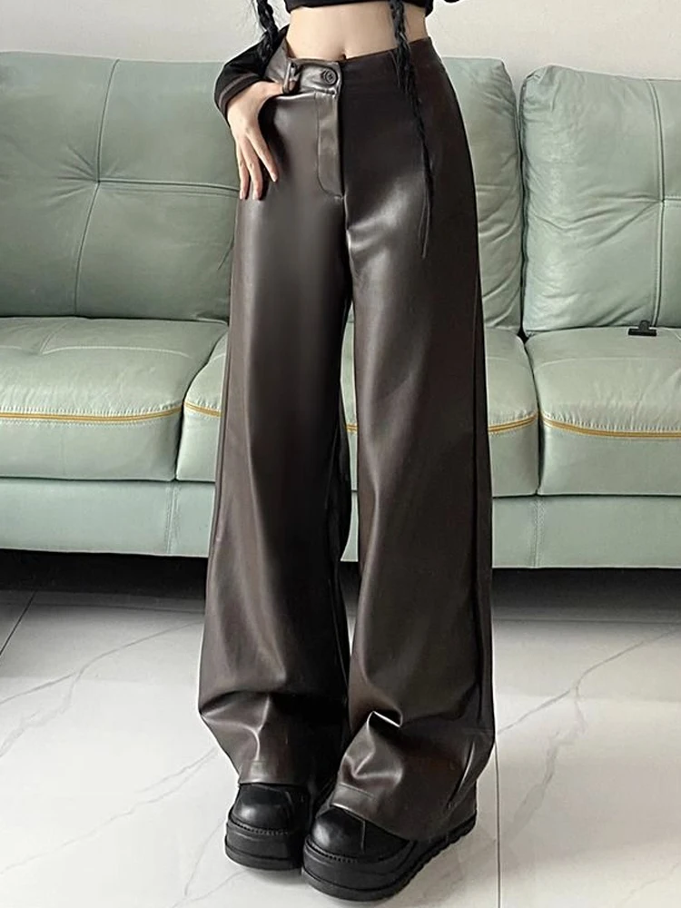 Оригинальные осенне-зимние прямые широкие брюки из искусственной кожи в