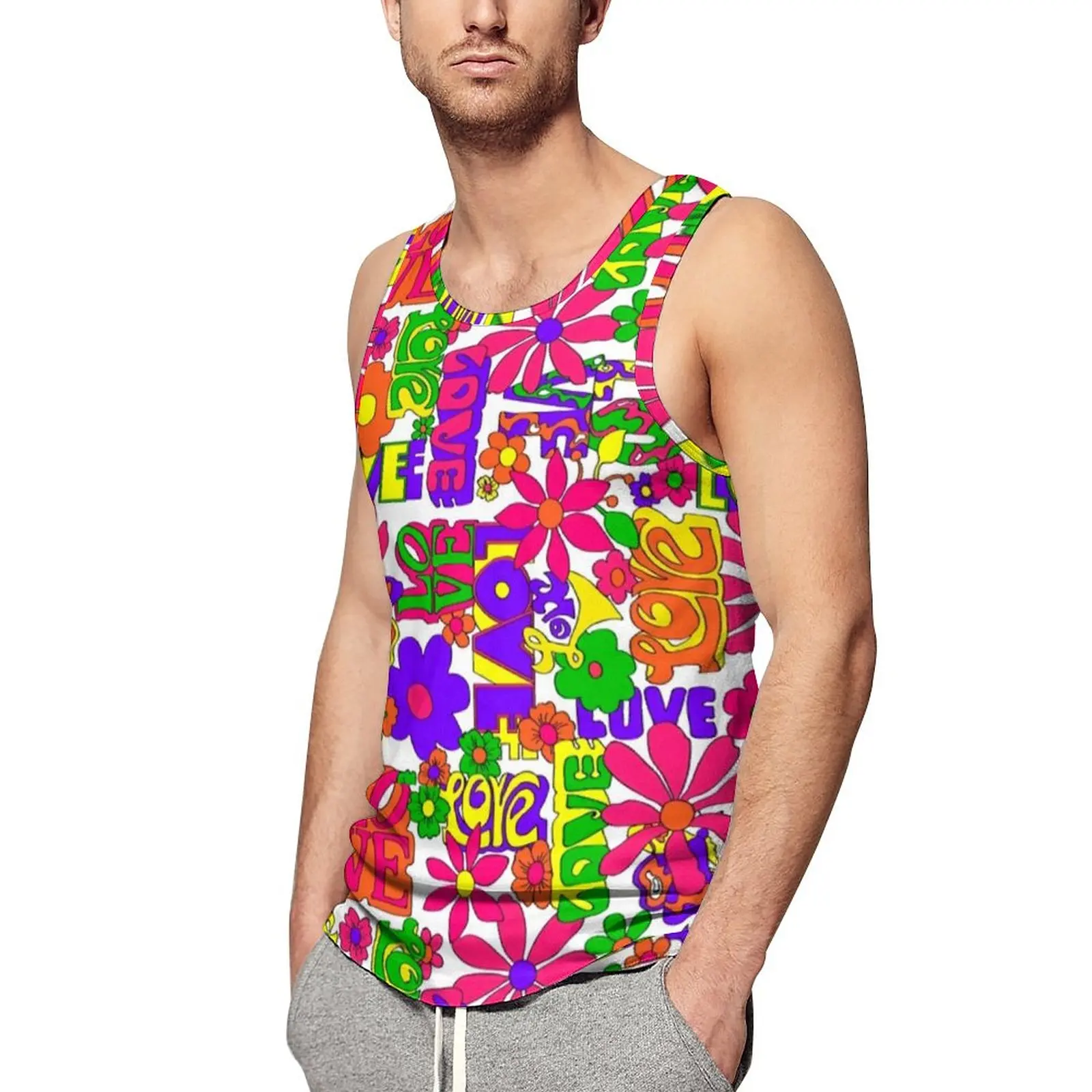 

Vintage Peace 60S Tank Top Floral Print Man Cool Tight Tops Workout Beach Sleeveless Shirt