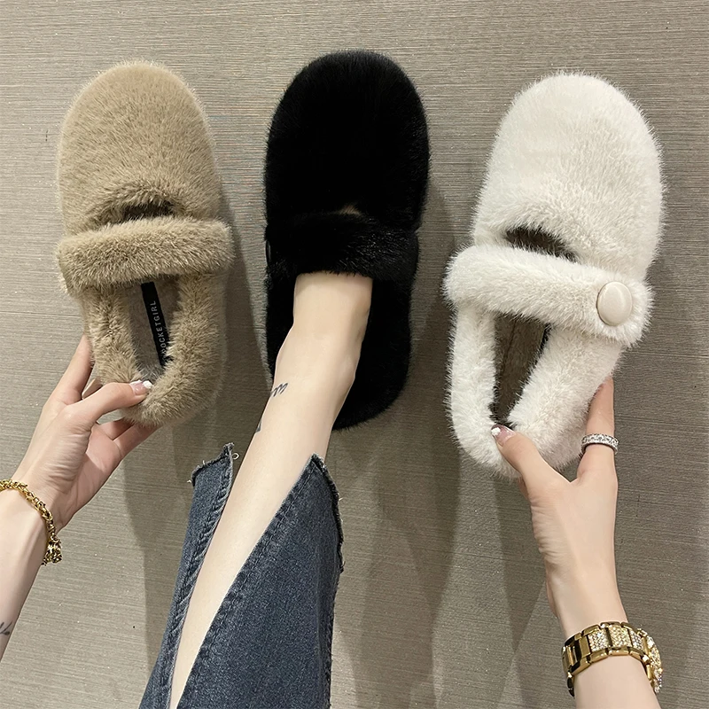 

White Sneakers Shallow Mouth Casual Woman Shoe Loafers Fur Autumn Round Toe Female Footwear Fall Dress New Winter Flock Rubber B