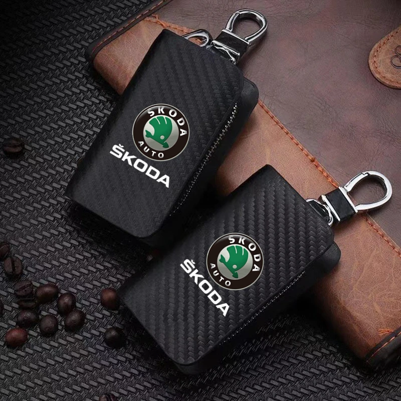 

Leather Car Key Protection Shell Bag Carbon Filber Car Key Case Keychain For Skoda Octavia RAPID Superb Fabia Kodiaq Kamiq Karoq