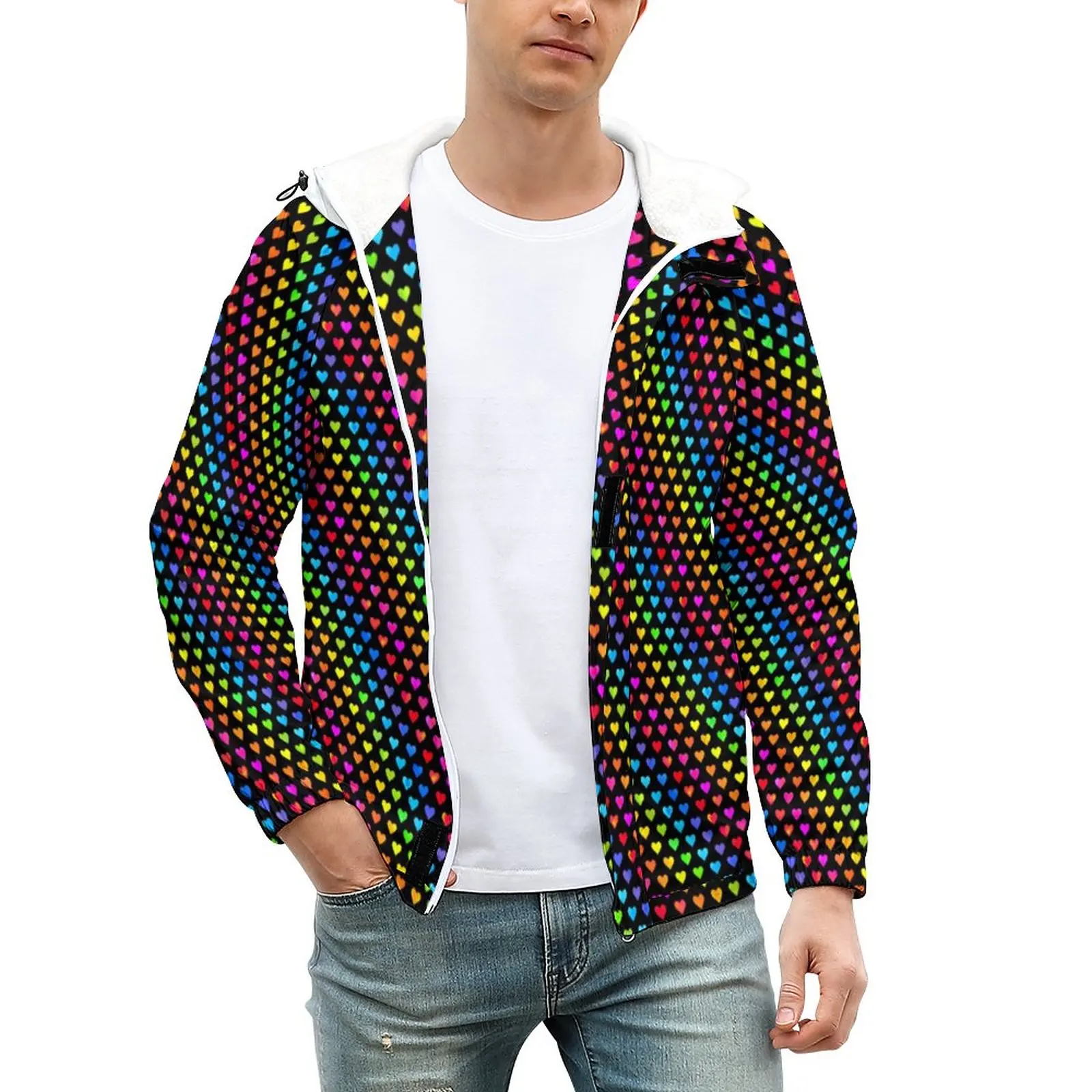 

Colorful Striped Jackets Mens Rainbow Hearts Warm Winter Coats Streetwear Casual Windbreak Design Outerwear Jacket Large Size