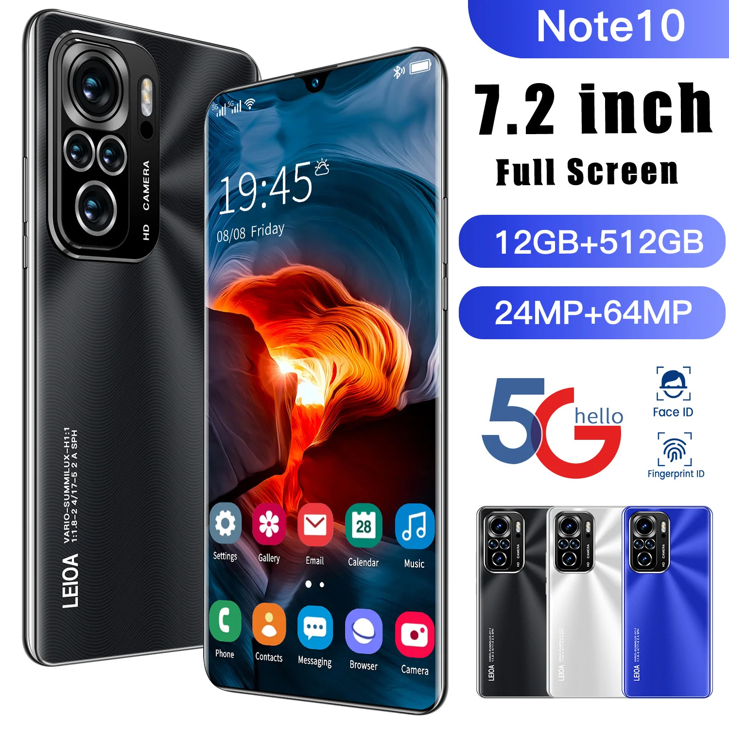 Оригинальный разблокированный смартфон Note 10 12 Гб ОЗУ 512 ПЗУ 7 2 дюйма 24 + 64 Мп HD