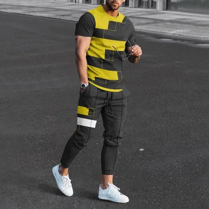 Summer Men's T-shirt Long Pants Tracksuit Geometry 3D Print T Shirts Trousers Set 2 Pieces Streetwear Oversized Suits Sportswear