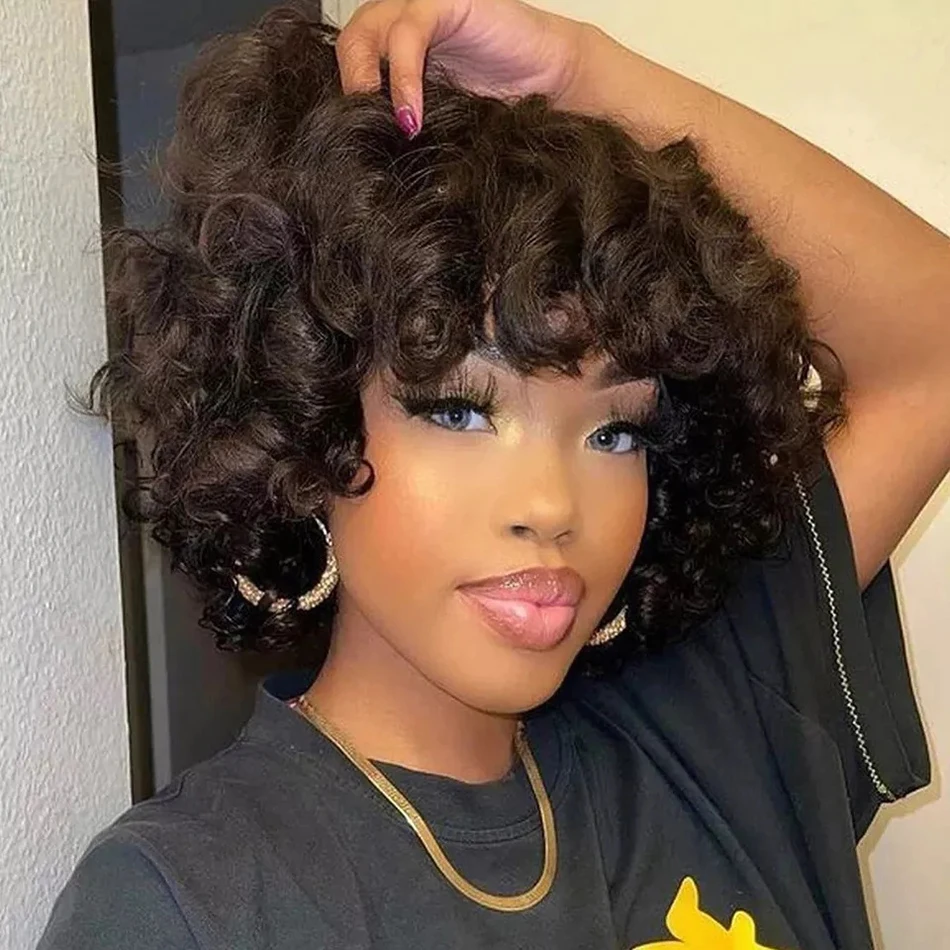 

Short Wigs Human Hair Wigs with Bangs Brazilian Rose Funmi Curly Bob Machine Made Wig for Women BOB Wig Perruque Cheveux Humain