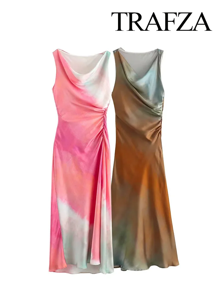 Платье женское атласное средней длины с принтом без рукавов