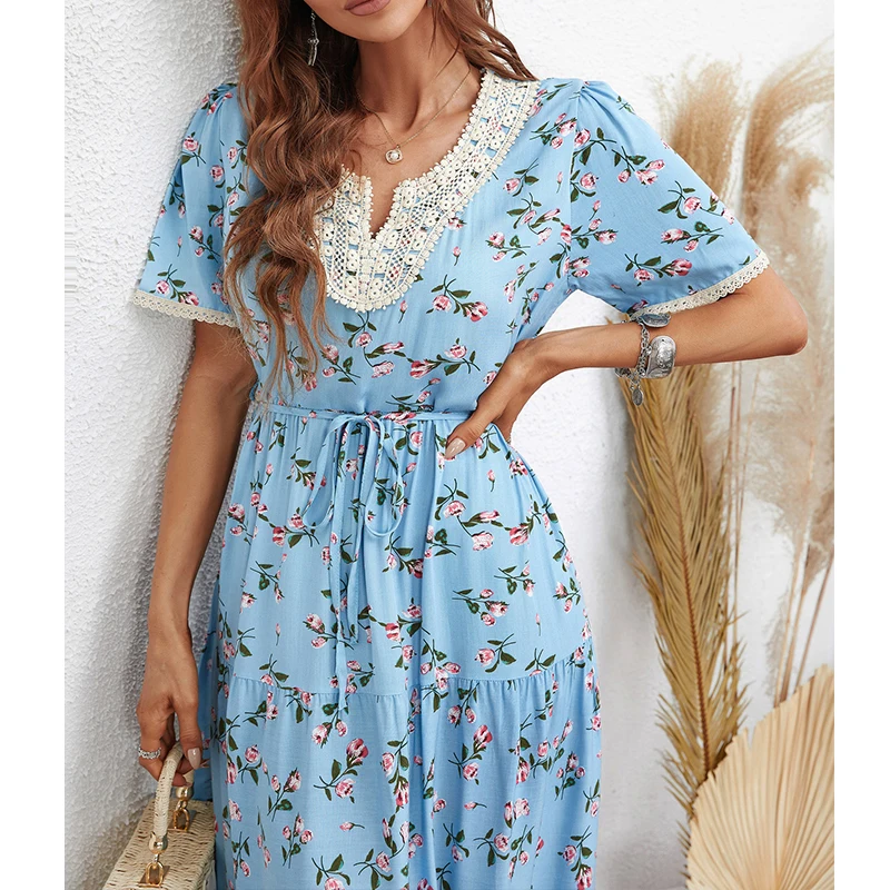 

YEMOGGY Elegant Floral Print Dress For Women Summer Dresses 2022 New Lace V-Neck High Waist Tie A-line midi Short Sleeve Dress