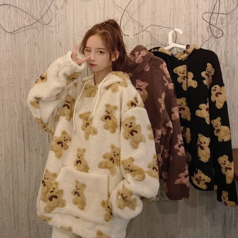 

College wind small woolen cute bear lady hoodie loose plus velvet kawaii sweatshirt plus size women's blouse super Dalian ho