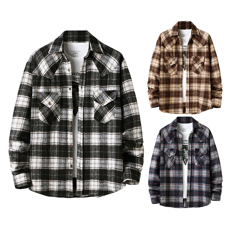 2022 New Men Casual Plaid Flannel Shirt Long-Sleeved Chest Two Pocket Design Fashion Printed-Turn-down Collar Button Shirt S-2XL