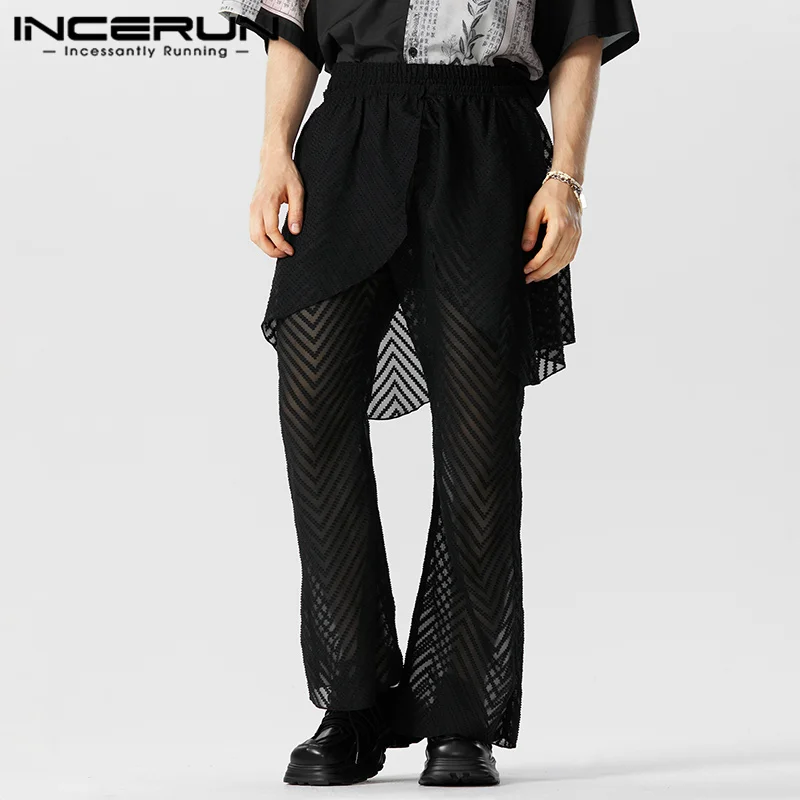 

INCERUN 2023 American Style New Men Fashion Slightly See-through Fabric Trousers Casual Party Male Detachable Bell-bottoms S-5XL