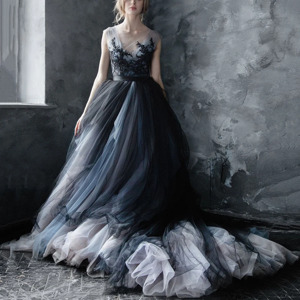 

Tulle Wedding Dresses Calypso Nightfall Black Bridal Gown Applique Beaded Embroidered Lace Top Open Back Ball Gown Evening Gowns