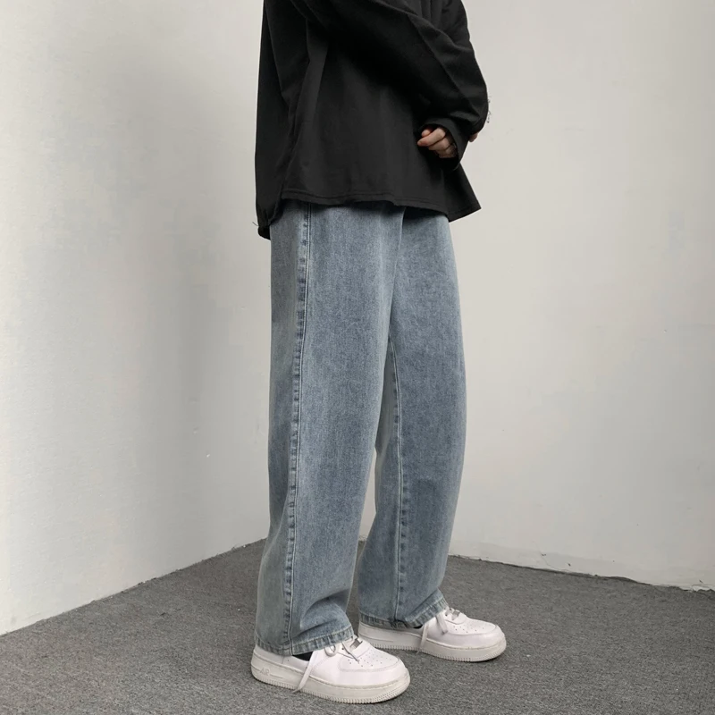 Mens Baggy Jeans Vintage Blue Drawstring Elastic Waist Wide Legs Straight Denim Pants Korean Trousers Casual Male Brand Clothing