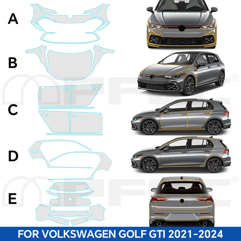 Фото Для Volkswagen GOLF GTI 2021-2024: Предварительно вырезанная защитная пленка PPF Bra 8.5Mil из ТПУ, прозрачная, устойчивая к царапинам, для кузова автомобиля, комплект. №2