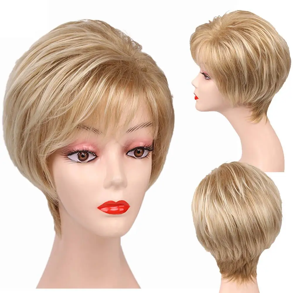Amir Short Blonde Synthetic Wigs For Women Pixie Hair Cut Puffy Natural Staight Wig Free Side Part Bangs Cosplay | Шиньоны и парики
