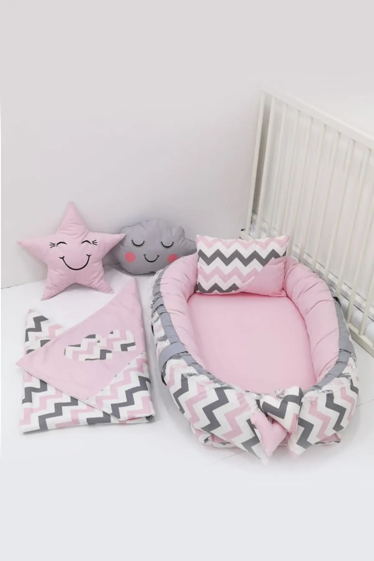 Babynest Zigzag Pattern Mother Yanı Baby Bedding Blanket, Pillow 5 of Suit, pink Park Bed & Playpen Child
