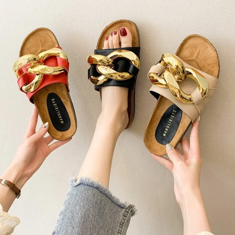 

Fashion Big Chain Women's Slippers Ins Hot Sale Open-toed Slippers Women's Summer 2022 New Products Thick-soled Large 43 Shoes