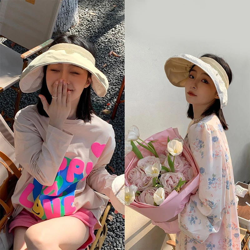 

Double Sided Wear Seersucker Empty Top Hat Travel Sunshade Shell Sun Hat Trendy Beach Foldable UV Roll Up Cap Cruise Wear Visor