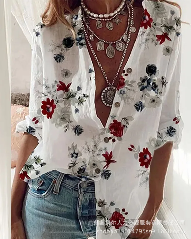 

Women's shirt spot 2022 spring and autumn new printed shirts can be rolled sleeves loose casual tops women
