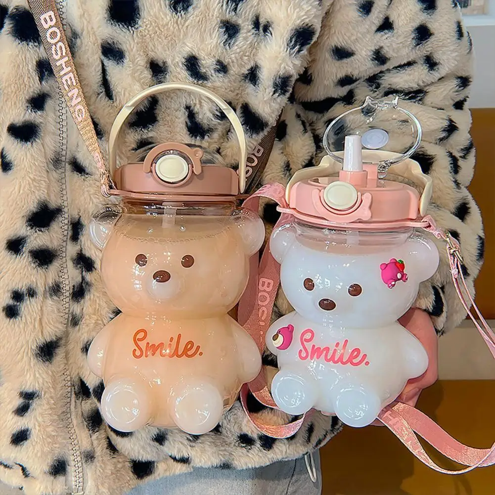 

1000ML/1400ML Water Bottles Kawaii Bear Water Bottle Cute Kids School Outdoor Bottle With Straw Portable Strap Plastic Water