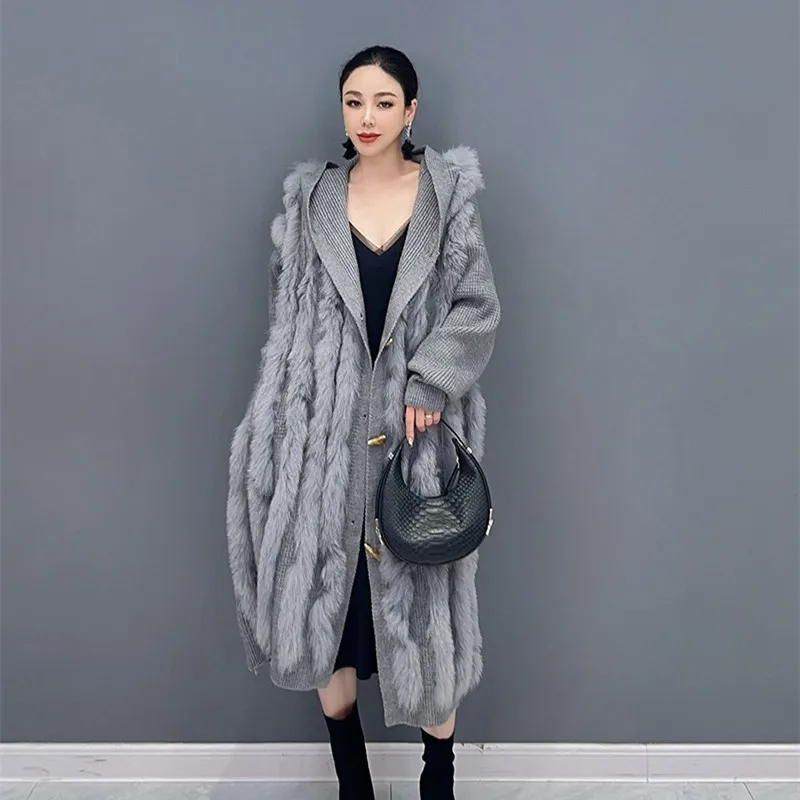 

СЕРОЕ ЗИМНЕЕ теплое пальто оверсайз, женский длинный вязаный кардиган с плюшевой подкладкой, модный свитер с капюшоном в Корейском стиле, ветровка для женщин
