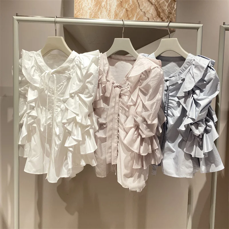 Kuzuwata 2024 Весенняя рубашка в японском стиле Блузы с оборками на шнуровке