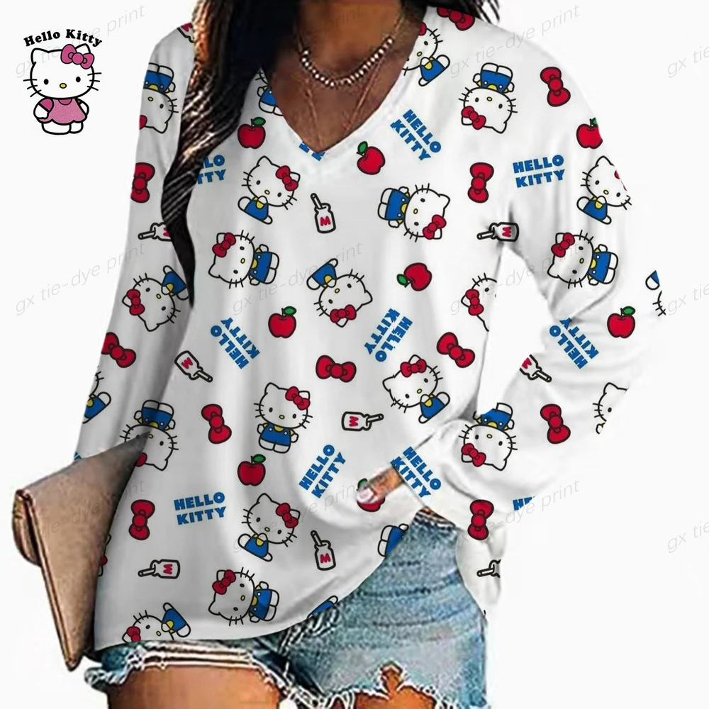

Женская футболка с длинным рукавом, V-образным вырезом и принтом HELLO KITTY