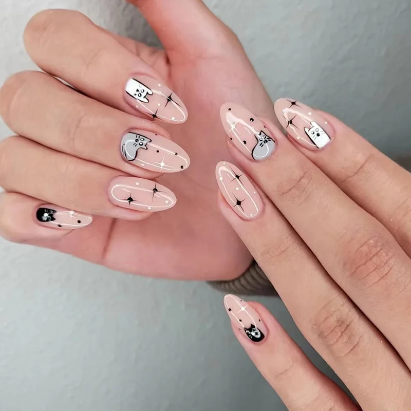 2023 New Cute Cat Printed Fake Nails Almond Head Full Cover Press on FIngernails Cartton Pink Acrylic Nail Art Tips for Girls
