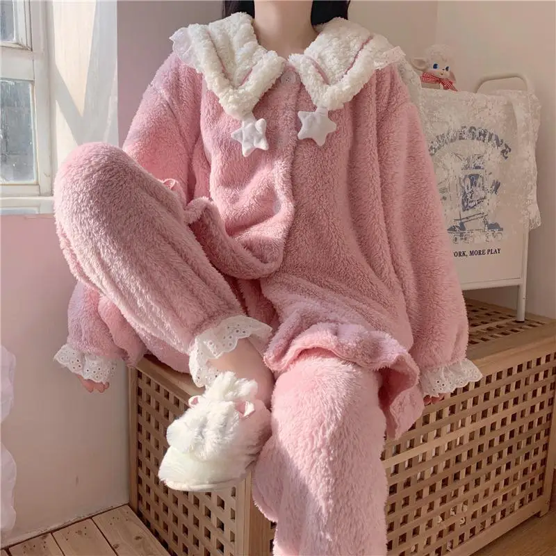 QWEEK Winter Women's Pajamas Kawaii Coral Fleece Pijamas Lace Pyjamas Soft and Warm Girls Home Clothes Blue Pink Two Piece Set