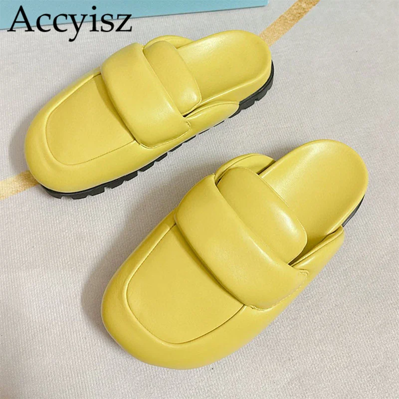 

Spring New Half Slippers Closed Toe Baotou Thick Sole Bread Shoes Comfortable Genuine Leather Slippers Women Outdoor Flat Shoes