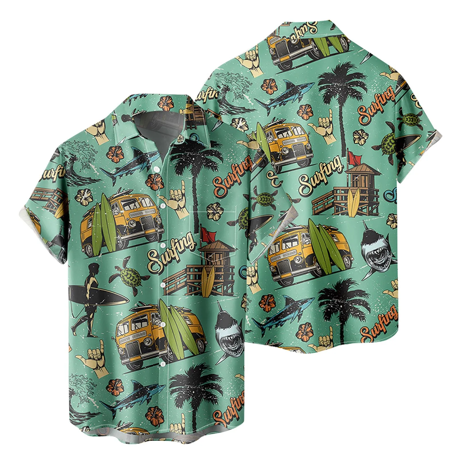 

Mens Fashion And Leisure 3D Digital Printing Buckle Lapel Short Sleeve Shirt Top Suit Men