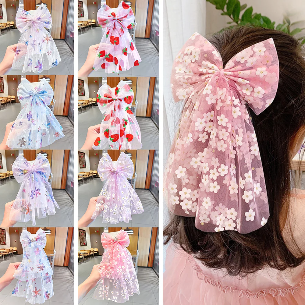 

New Girls Beautiful Chiffon Bow Print Flower Strawberry Hairpins Headband Kids Sweet Hair Decorate Clip Fashion Hair Accessories