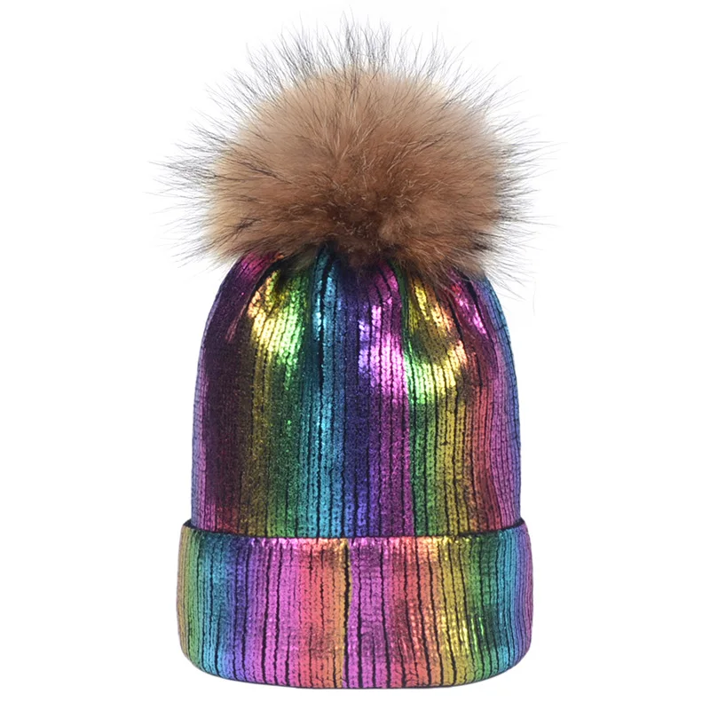 

Bronzing Crimping Keep Warm Hip Hop Men Pompom Hat Autumn Winter Solid Color Unisex Women Beanie Knitted Hat