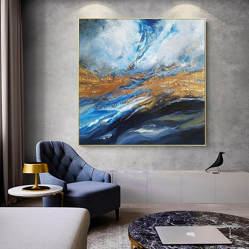 

New Painting Home Decoration Modern Hand Painted Abstract Painting With Blue And Gold Texture Large Living Room Wall Picture