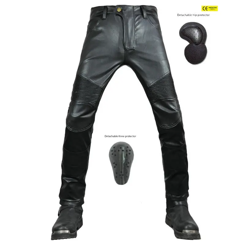 Waterproof and windproof Mens Moto Leather Pants Ribbed Skinny Black PU Leather Biker Slim Trousers Pencil Pants knee protective
