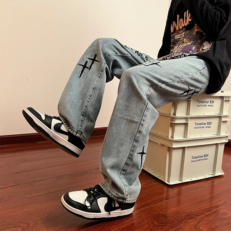 CAAYU 2022 New Baggy Jeans Mens Fashion Harajuku Loose Korean Streetwear Straight Wide Leg Pants Male Clothing Blue Pants Mens