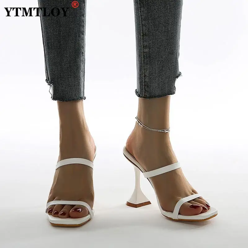 

Шлепанцы женские с квадратным носком, сандалии из искусственной кожи на высоком каблуке, узкие ремешки, сланцы, летняя модель 2021
