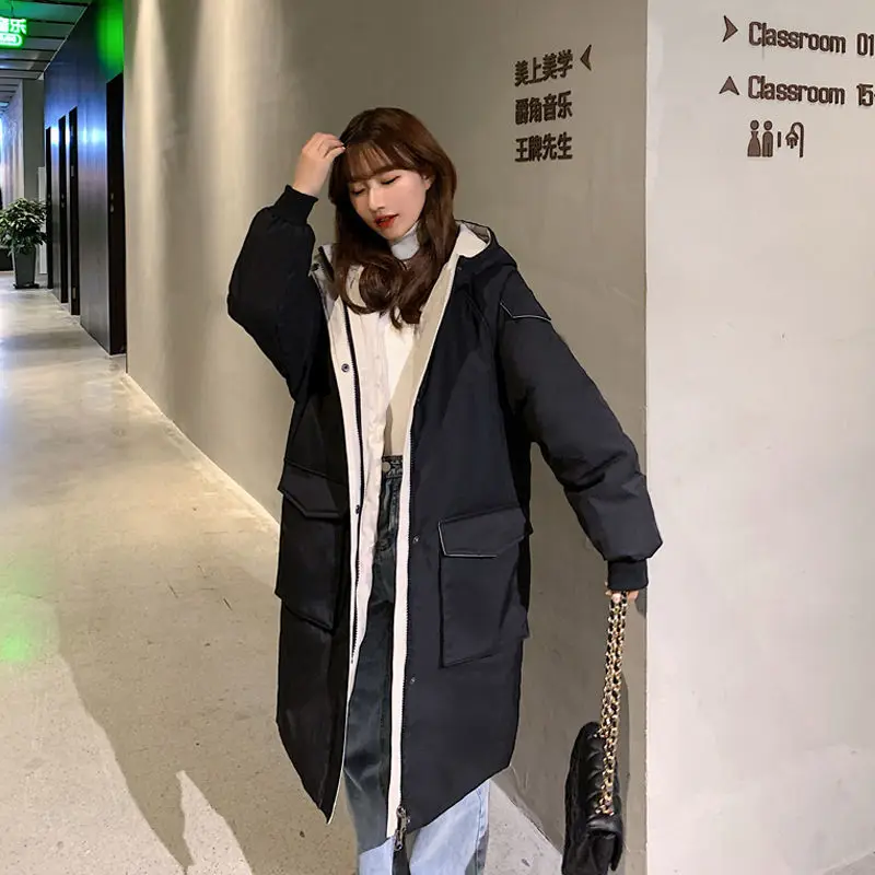 Women Mid Length Hooded Padded Jacket Korean Fashion Winter Warmth Student Loose Bread Clothes Thicken Cotton Padded Jacket Za