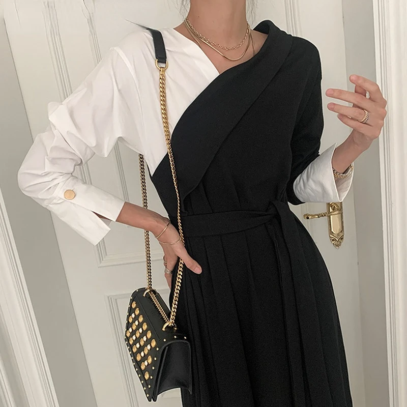 

Платье женское черное с V-образным вырезом, шикарная одежда с длинным рукавом, на шнуровке, офисное в стиле пэчворк, весна-лето