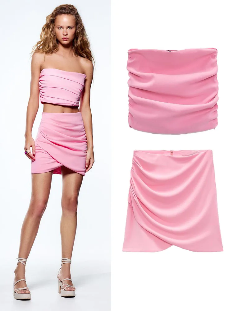 

New for Spring Women's Sweet off-the-shoulder corset cropped straight-neck top and high-waisted draped miniskirt