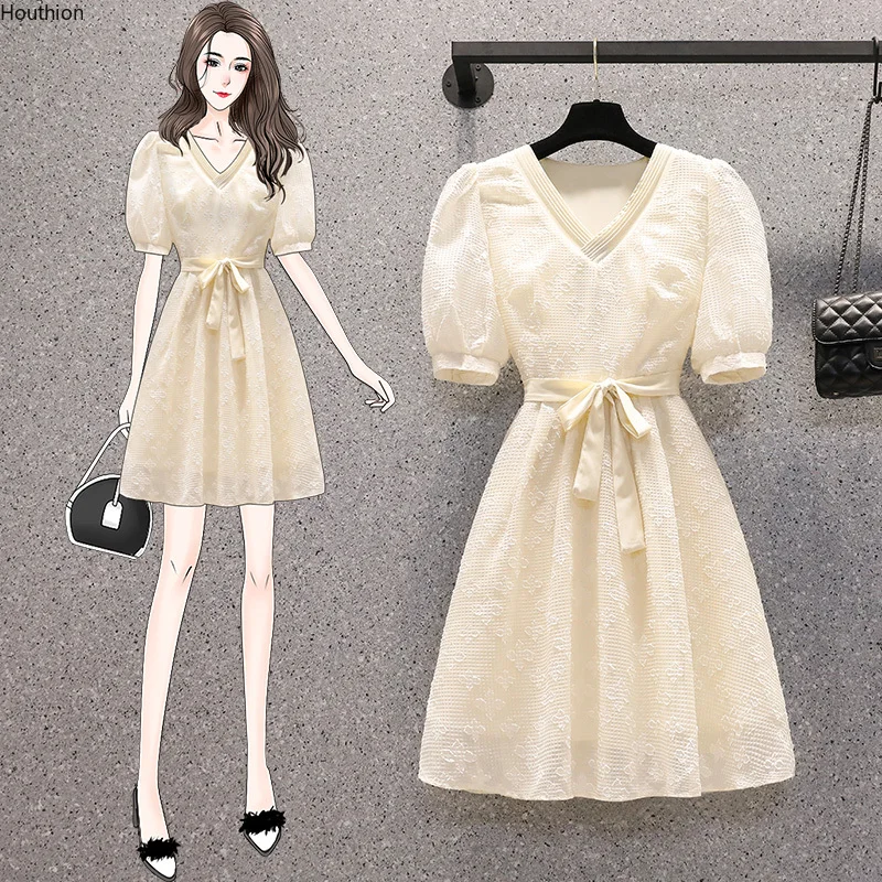 

Chiffon Loose Plus Size Women's Dress New Fashion Dresses Mid-length Summer Puff Short Sleeves Solid Color Houthion