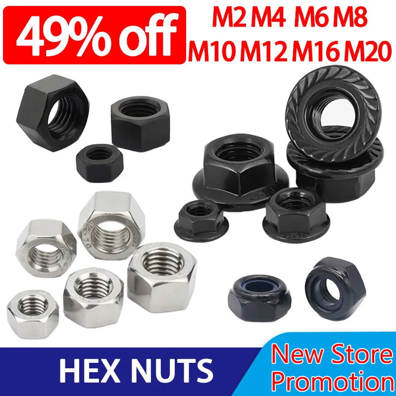 

M2 M4 M6 M8 M10 M12 M16 M20 Stainless Steel Hex Metric Threaded Hexagon Nuts Lock Nut Butterfly Flange Carbon Steel Brass Nylon