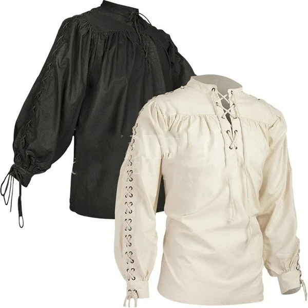 

Mens Full Long Sleeve Strap Khaki Shirts Medieval Renaissance Pirate Costume Lace Up steam Shirt Men Size 5XL