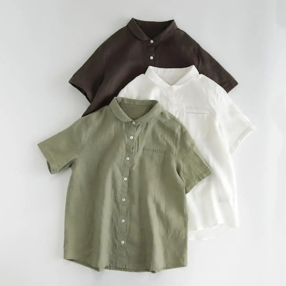 

Linen shirt, cotton and linen short sleeve top, Japanese literary white shirt