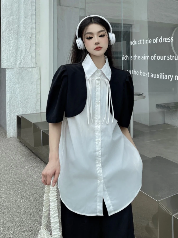 

Женская винтажная рубашка в стиле пэчворк, Повседневная Блузка оверсайз с коротким рукавом и кисточками, в стиле Харадзюку, уличная одежда, ...