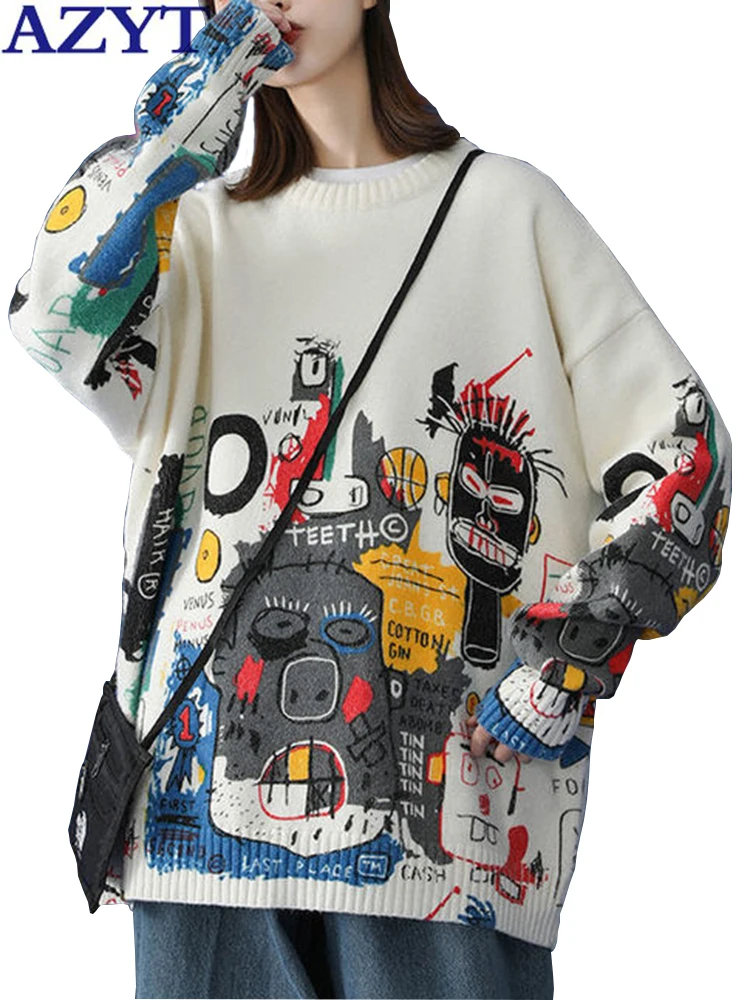 

AZYT Vintage O Neck Women Sweater Pullover Graffiti Print Loose Sweater Coat 2022 Autumn Long Sleeve Knitwear Jumpers Mujer