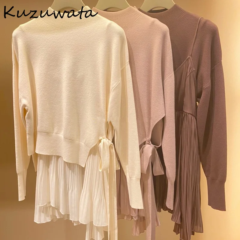 Japanese Sweaters 2022 Autumn Winter Women Jumpers Long Sleeve Drawstring Irregular Knit Pullover with Pleated Camis